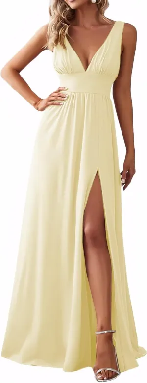 Women's A Line Chiffon Prom Dresses with Slit Deep V Neck Bridesmaid Dress Long