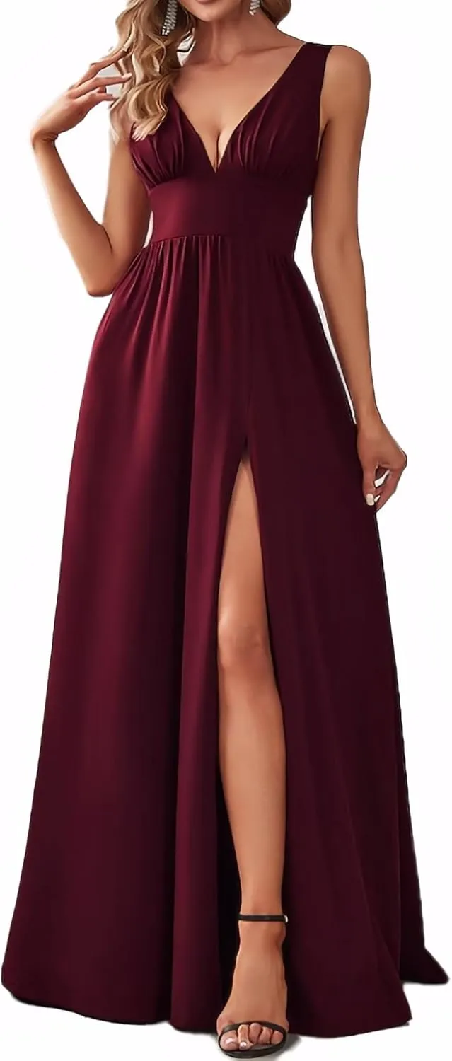 Women's A Line Chiffon Prom Dresses with Slit Deep V Neck Bridesmaid Dress Long