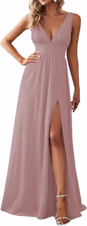 Women's A Line Chiffon Prom Dresses with Slit Deep V Neck Bridesmaid Dress Long