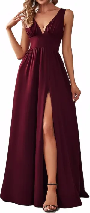 Women's A Line Chiffon Prom Dresses with Slit Deep V Neck Bridesmaid Dress Long