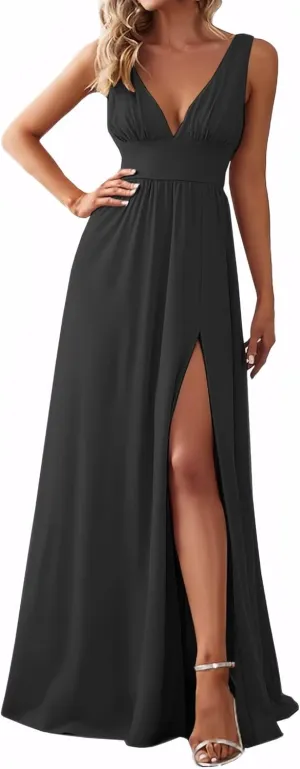Women's A Line Chiffon Prom Dresses with Slit Deep V Neck Bridesmaid Dress Long