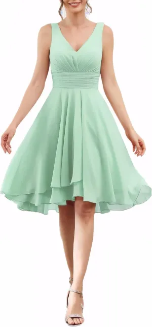Women's A Line Sleeveless Bridesmaid Dress V Neck Ruched Chiffon Formal Dresses for Wedding Guest