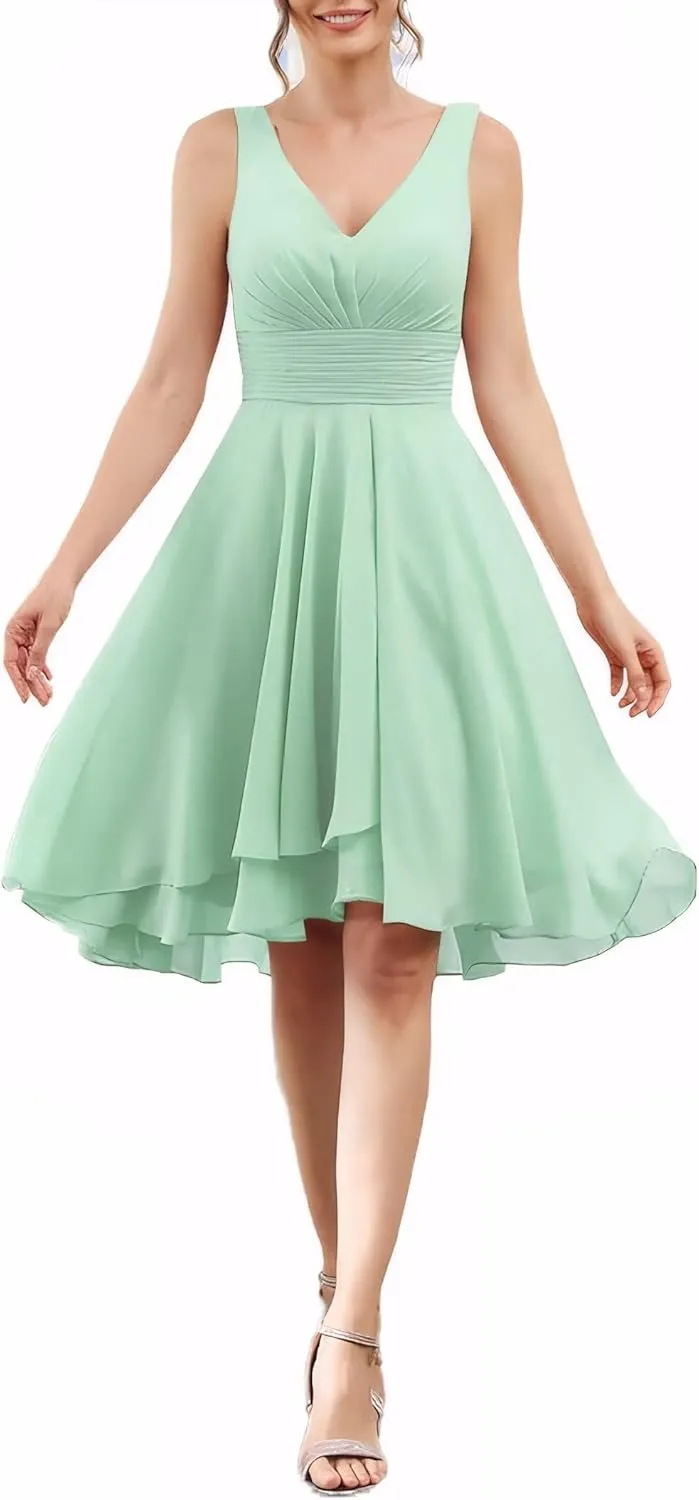 Women's A Line Sleeveless Bridesmaid Dress V Neck Ruched Chiffon Formal Dresses for Wedding Guest