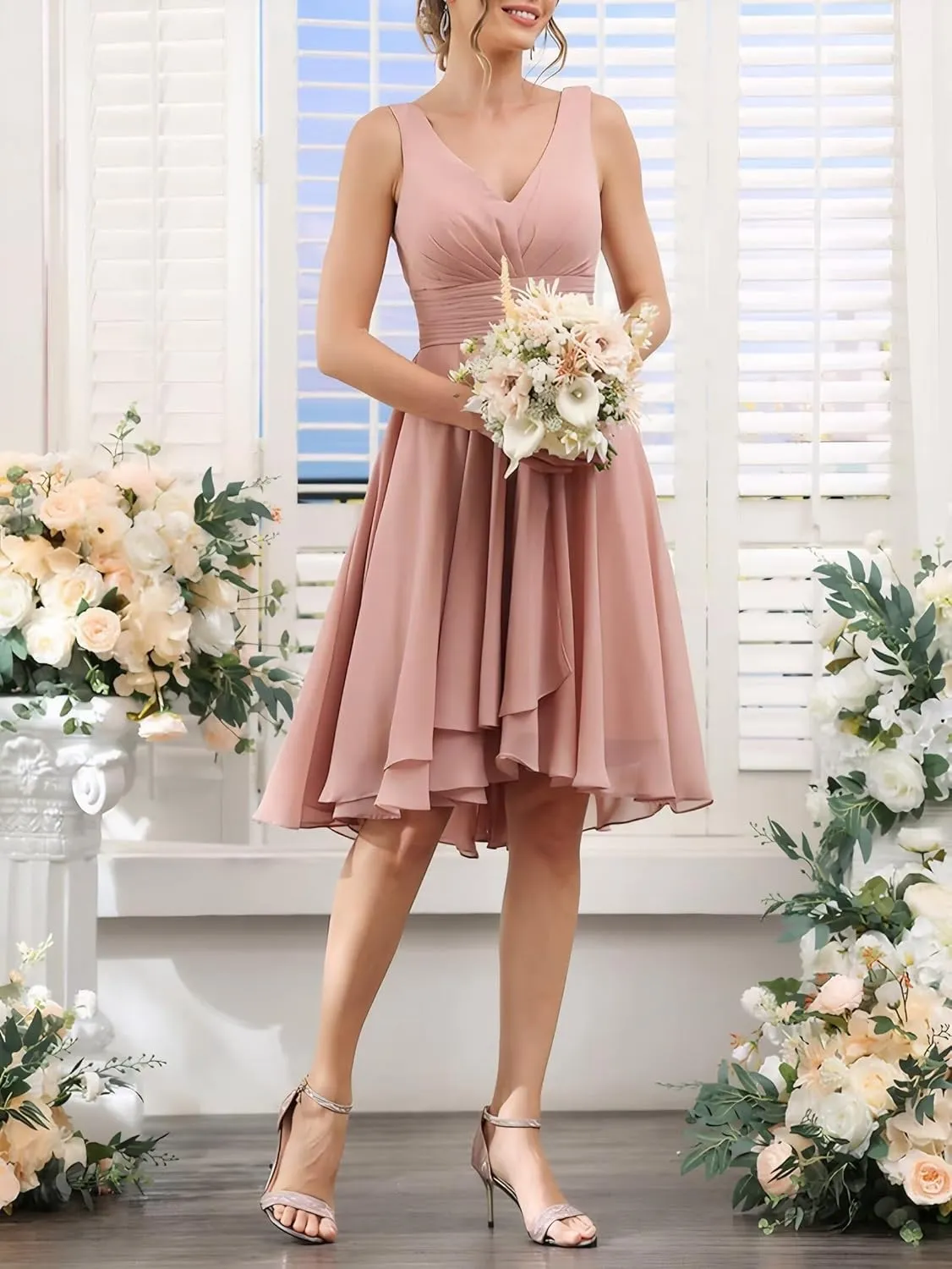 Women's A Line Sleeveless Bridesmaid Dress V Neck Ruched Chiffon Formal Dresses for Wedding Guest