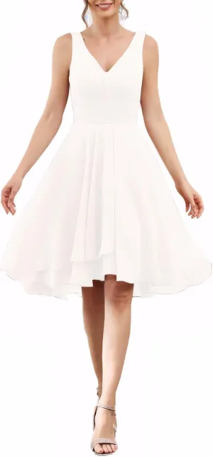 Women's A Line Sleeveless Bridesmaid Dress V Neck Ruched Chiffon Formal Dresses for Wedding Guest