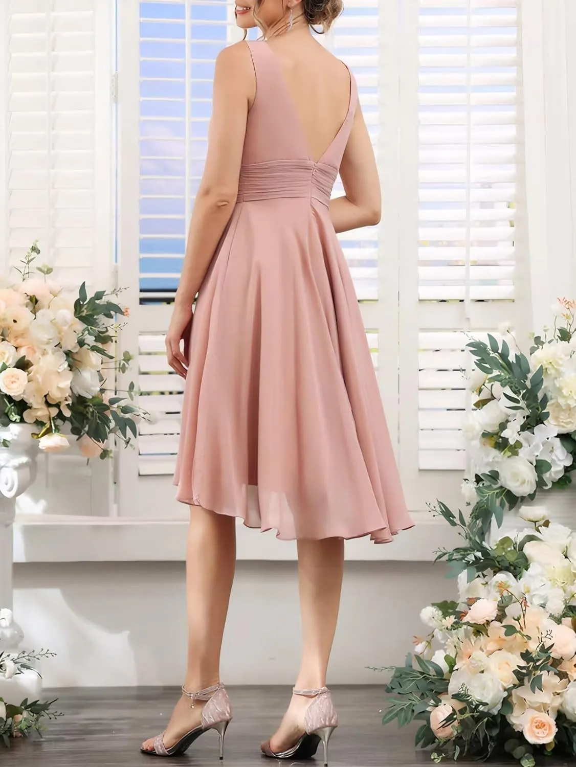 Women's A Line Sleeveless Bridesmaid Dress V Neck Ruched Chiffon Formal Dresses for Wedding Guest