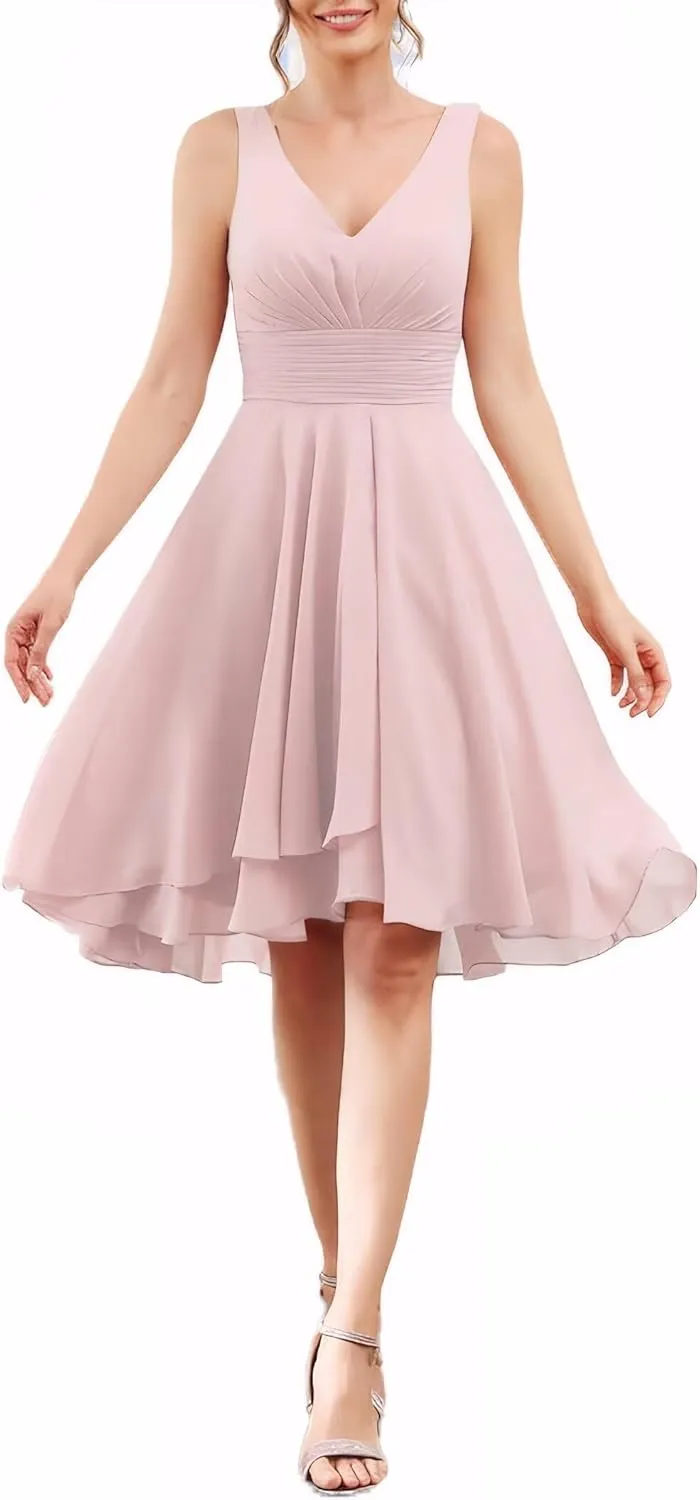 Women's A Line Sleeveless Bridesmaid Dress V Neck Ruched Chiffon Formal Dresses for Wedding Guest