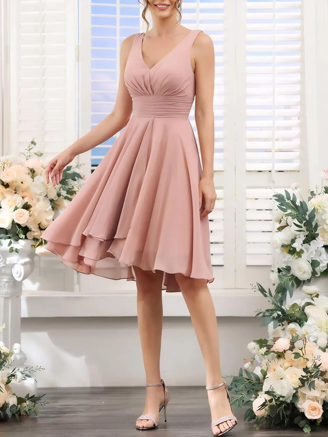 Women's A Line Sleeveless Bridesmaid Dress V Neck Ruched Chiffon Formal Dresses for Wedding Guest