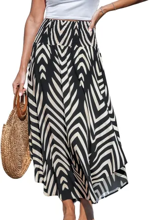 Women's Abstract Smocked Midi Skirt Smocked High Waist Maxi Tropical Skirt Casual Coverup Boho Long Skirts for Vacation