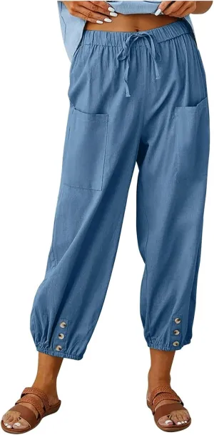 Women's Capri Pants Casual High Waist Cotton Linen Pants Summer Baggy Trouser with Pocket