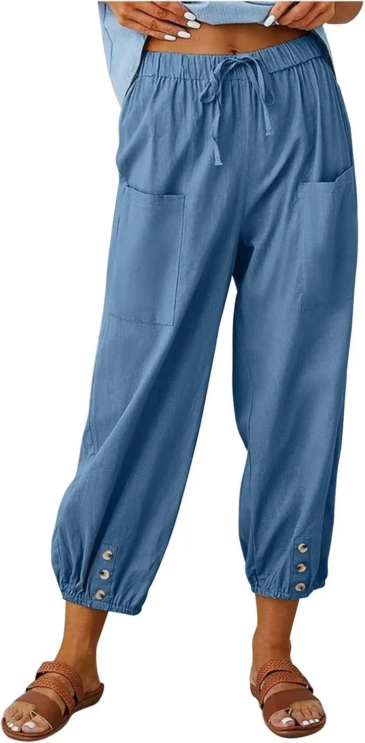 Women's Capri Pants Casual High Waist Cotton Linen Pants Summer Baggy Trouser with Pocket