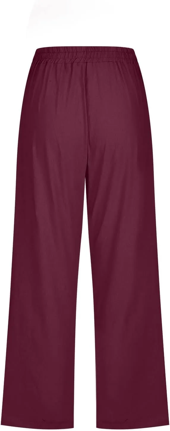Womens Capri Pants Plus Size Summer Casual Pants High Waist Straight Wide Leg Pants Drawstring Linen Cropped Trouser