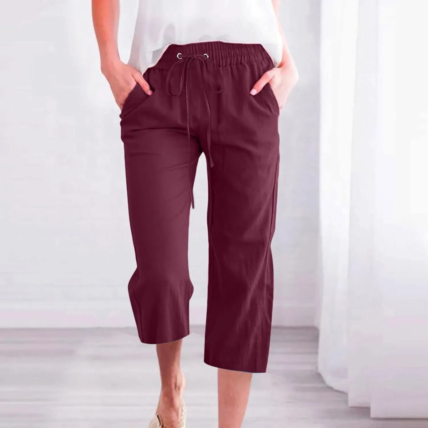 Womens Capri Pants Plus Size Summer Casual Pants High Waist Straight Wide Leg Pants Drawstring Linen Cropped Trouser