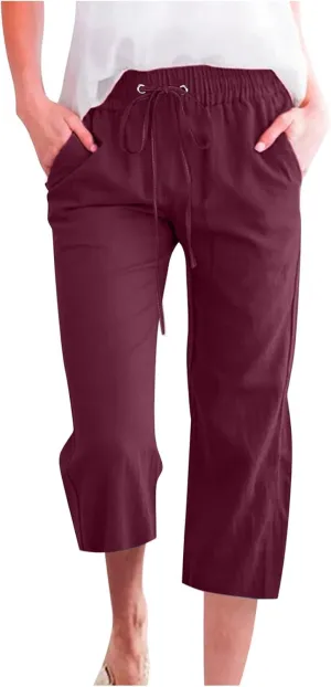 Womens Capri Pants Plus Size Summer Casual Pants High Waist Straight Wide Leg Pants Drawstring Linen Cropped Trouser