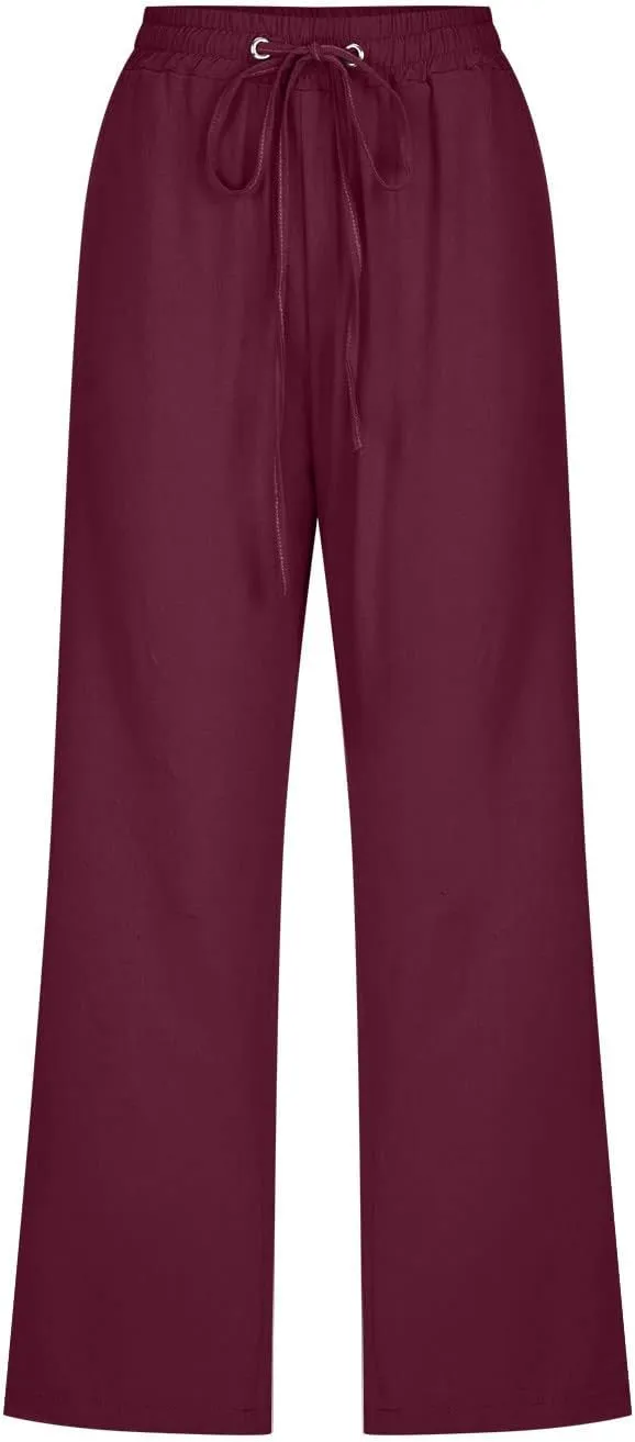 Womens Capri Pants Plus Size Summer Casual Pants High Waist Straight Wide Leg Pants Drawstring Linen Cropped Trouser