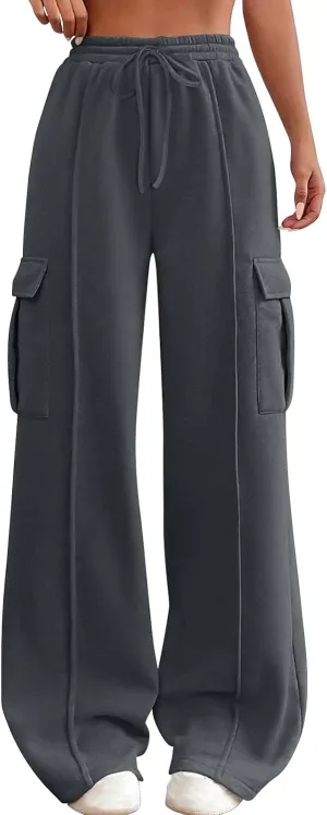 Womens Cargo Sweatpants with Pockets Wide Leg Baggy High Waisted Sweats Pants Drawstring Waist Athletic Trousers