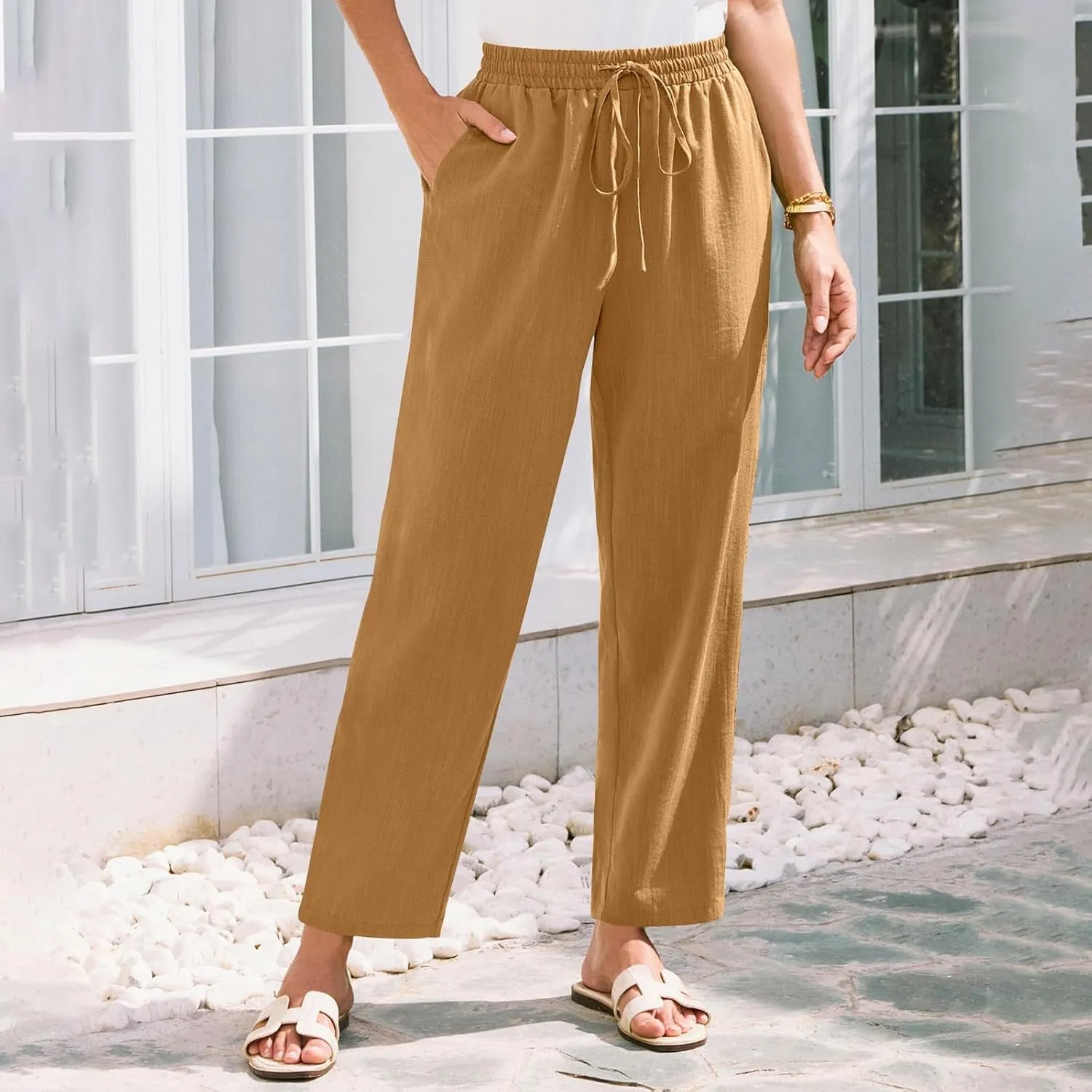 Womens Casual Linen High Waist Pants Drawstring Loose Fit Summer Beach Pants Trousers with Pockets