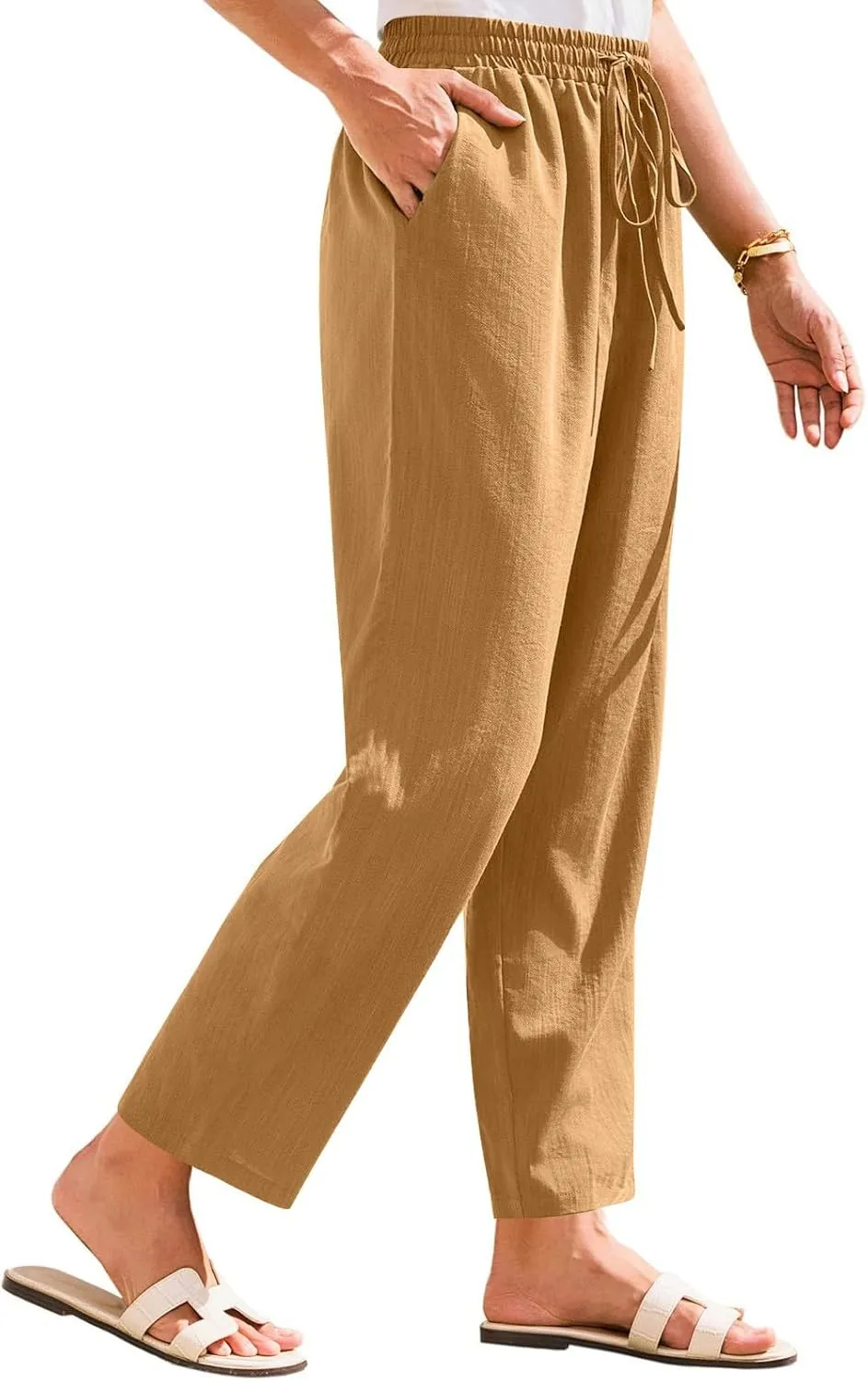 Womens Casual Linen High Waist Pants Drawstring Loose Fit Summer Beach Pants Trousers with Pockets