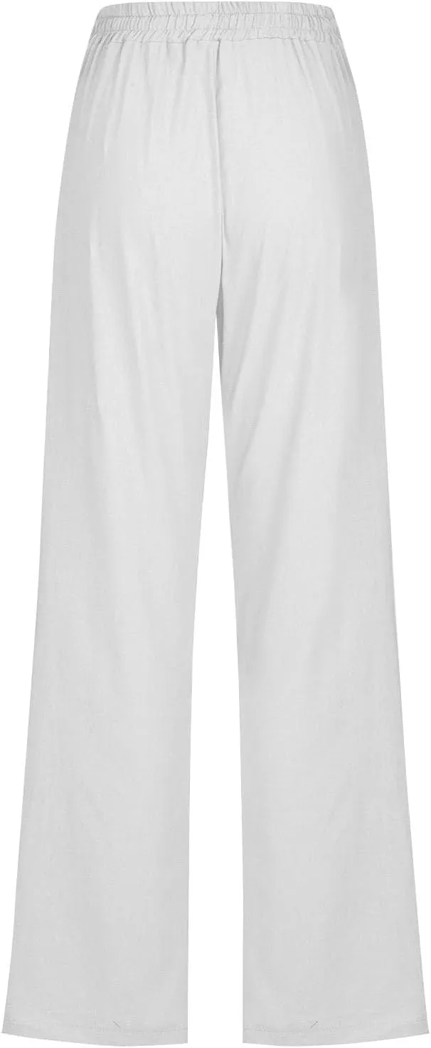 Womens Casual Linen Pants High Waist Drawstring Loose Fit Trousers with Pockets Beach Vacation Clothes for Women
