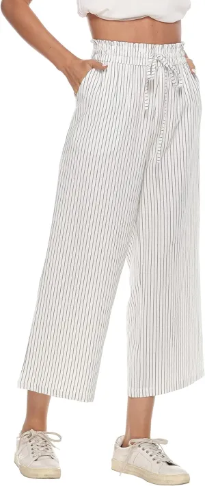 Womens Casual Linen Pants Wide Leg High Elastic Waisted Drawstring Summer Pants with Pockets