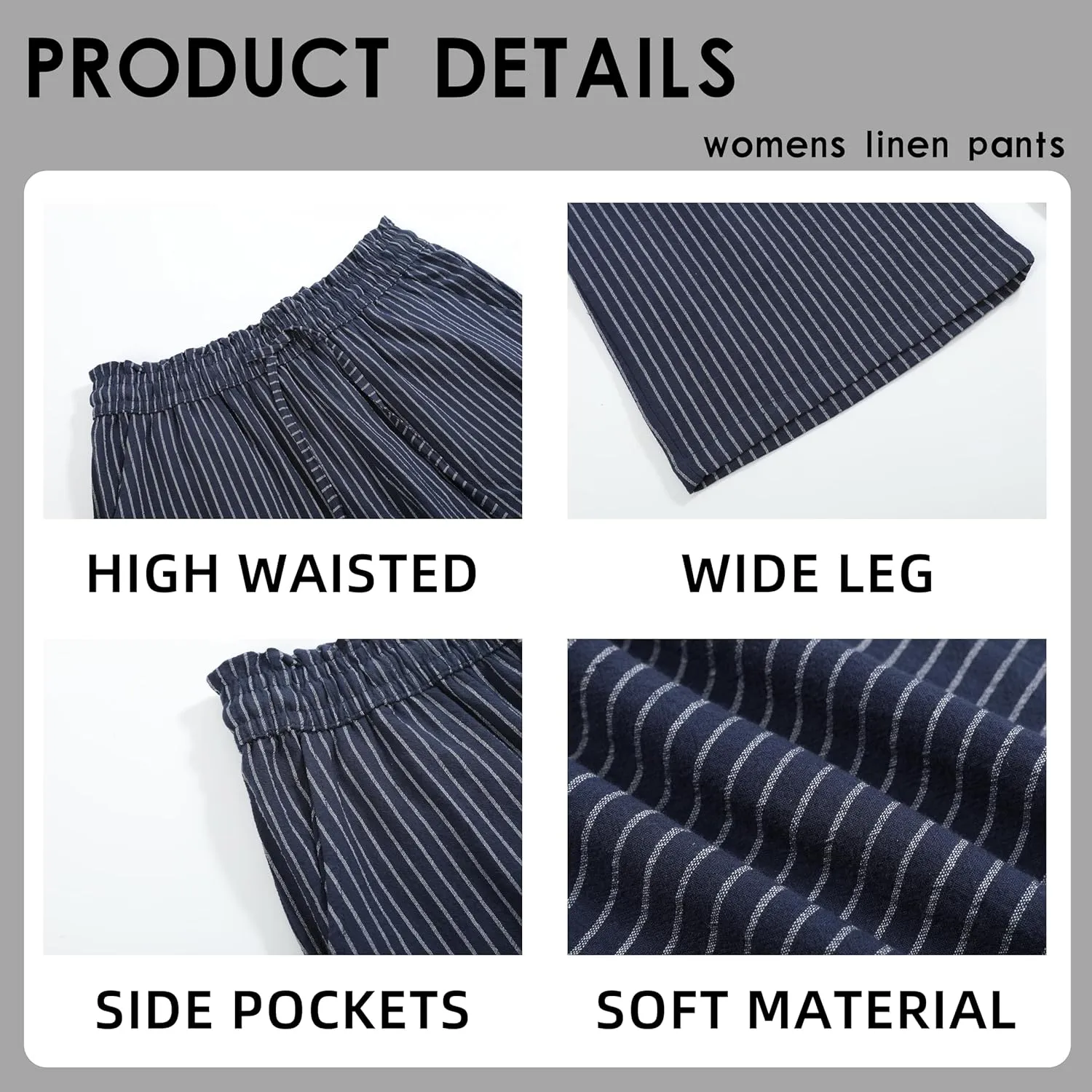 Womens Casual Linen Pants Wide Leg High Elastic Waisted Drawstring Summer Pants with Pockets