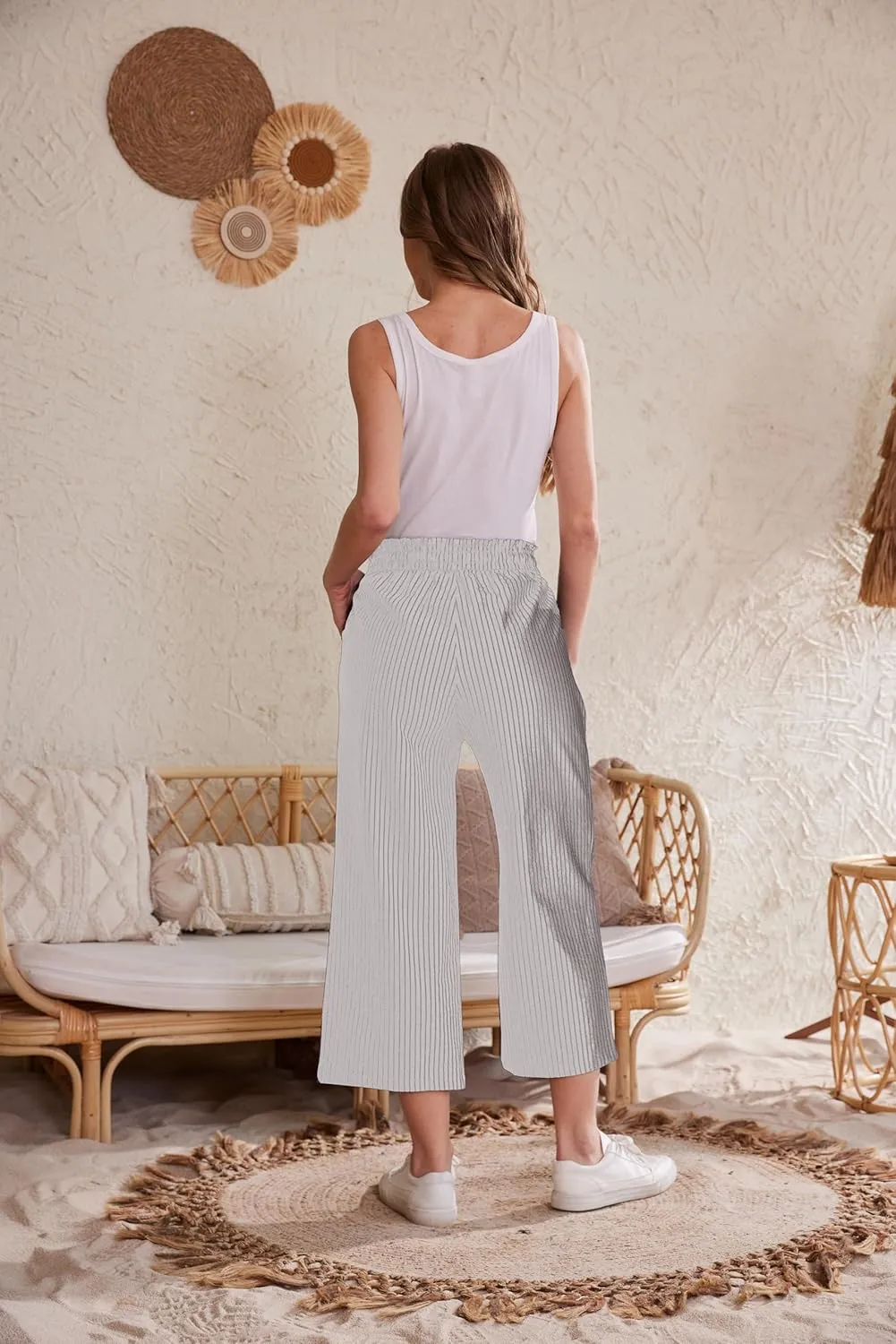 Womens Casual Linen Pants Wide Leg High Elastic Waisted Drawstring Summer Pants with Pockets