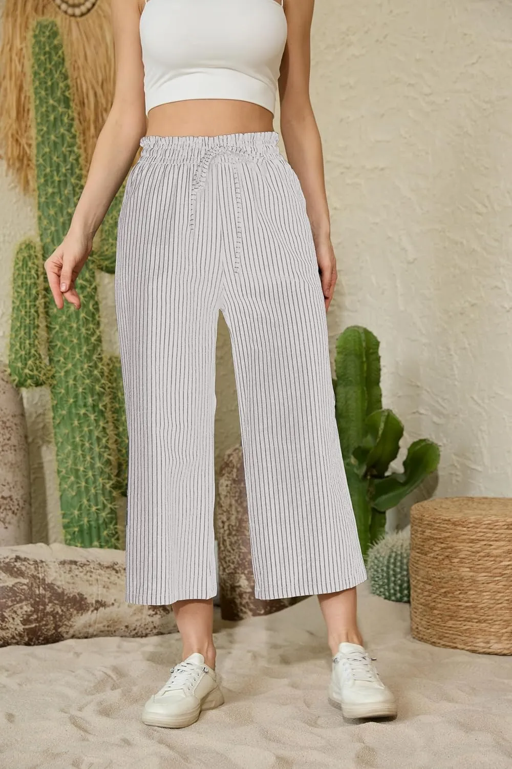 Womens Casual Linen Pants Wide Leg High Elastic Waisted Drawstring Summer Pants with Pockets