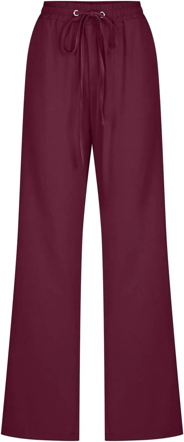 Women's Cotton Linen Pant Solid Color Wide Leg Trousers High Waist Drawstring Lounge Pants Loose Fit Slacks