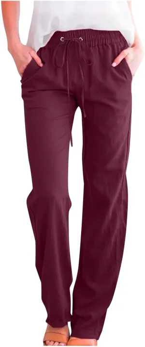 Women's Cotton Linen Pant Solid Color Wide Leg Trousers High Waist Drawstring Lounge Pants Loose Fit Slacks