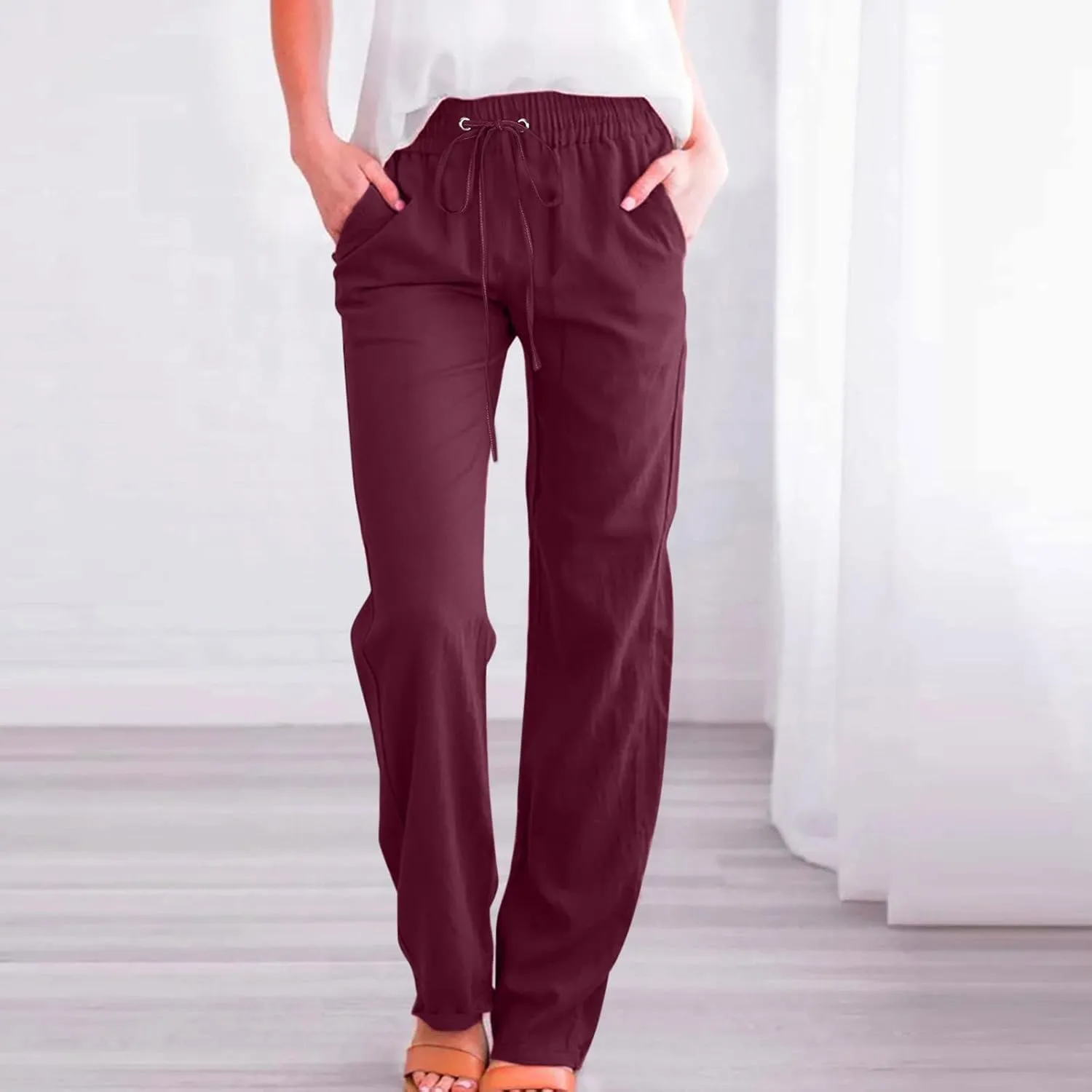Women's Cotton Linen Pant Solid Color Wide Leg Trousers High Waist Drawstring Lounge Pants Loose Fit Slacks