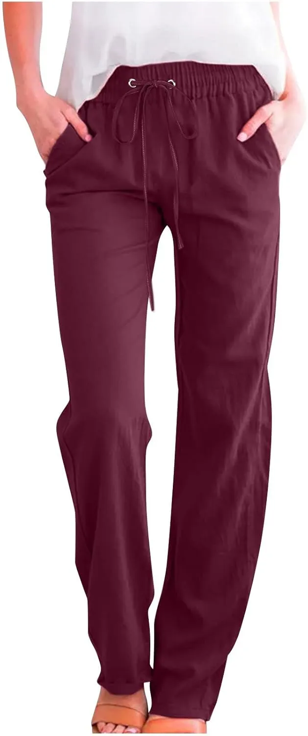 Women's Cotton Linen Pant Solid Color Wide Leg Trousers High Waist Drawstring Lounge Pants Loose Fit Slacks