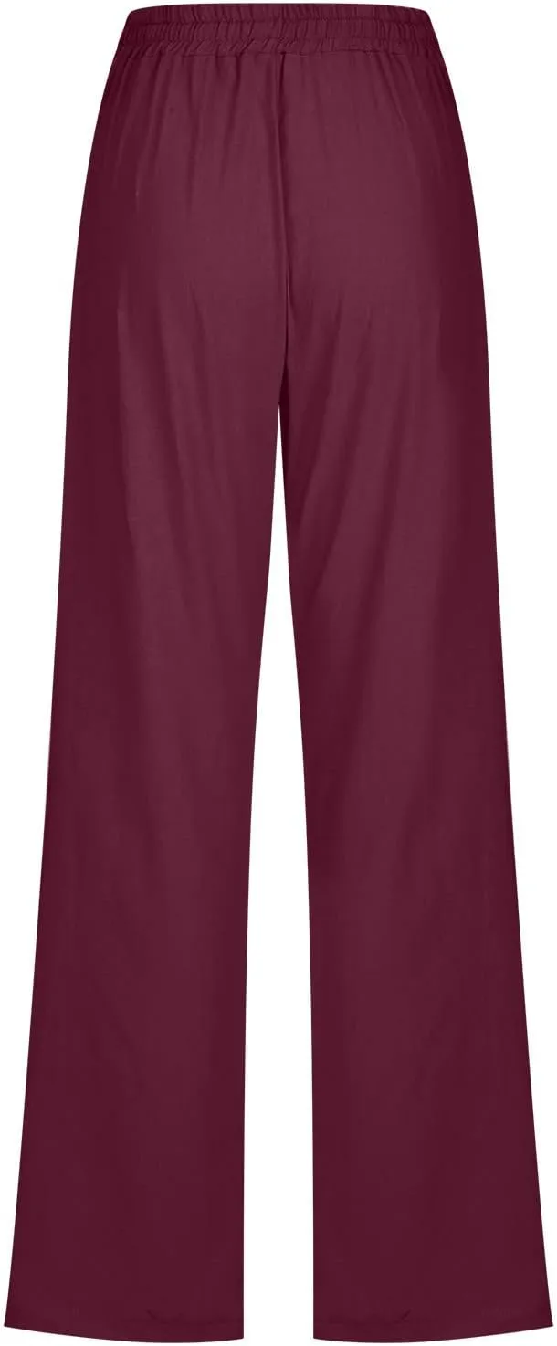 Women's Cotton Linen Pant Solid Color Wide Leg Trousers High Waist Drawstring Lounge Pants Loose Fit Slacks