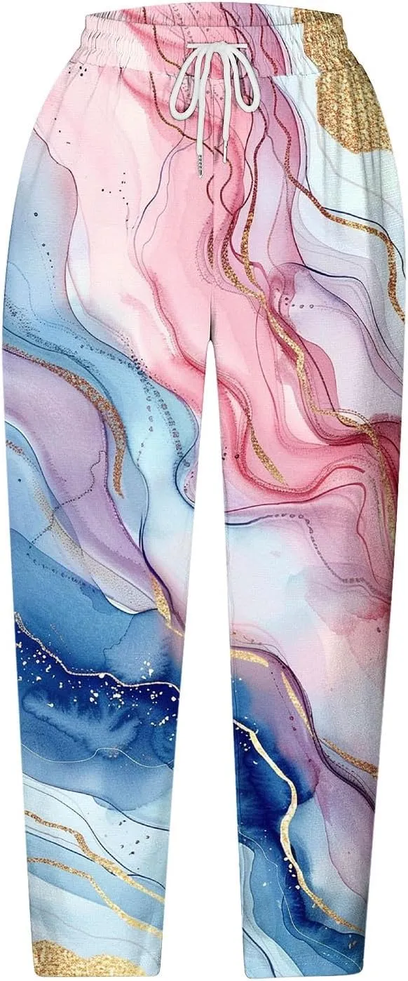 Womens Cropped Trousers Elastic High Waist Wide Leg Capri Pants Comfy Loose Fit Tie-dye Print Pants Fashion Trousers