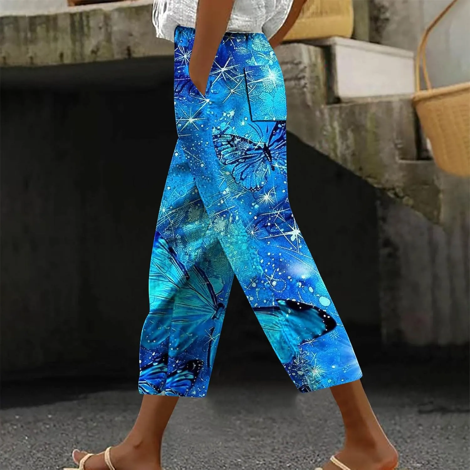 Womens Cropped Trousers Elastic High Waist Wide Leg Capri Pants Comfy Loose Fit Tie-dye Print Pants Fashion Trousers
