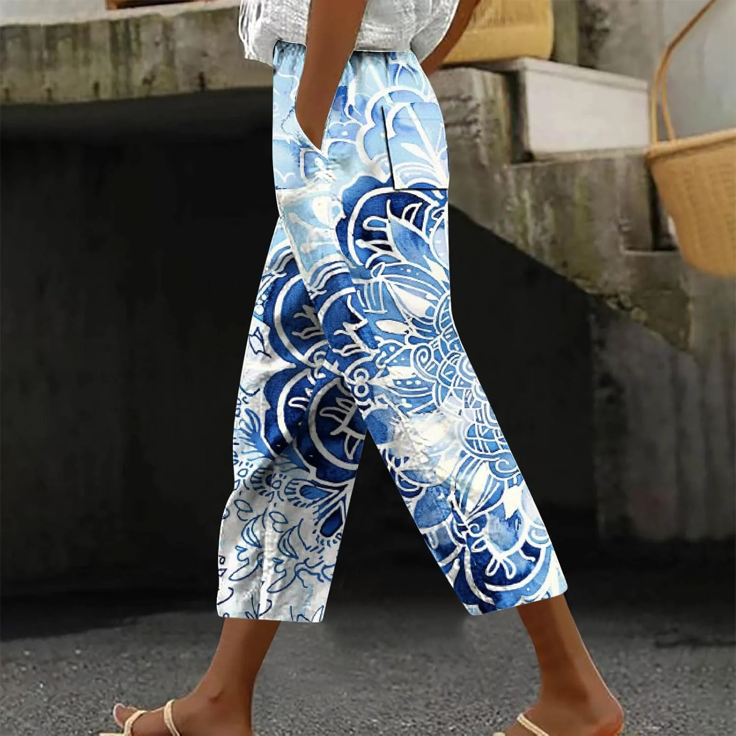 Womens Cropped Trousers Elastic High Waist Wide Leg Capri Pants Comfy Loose Fit Tie-dye Print Pants Fashion Trousers