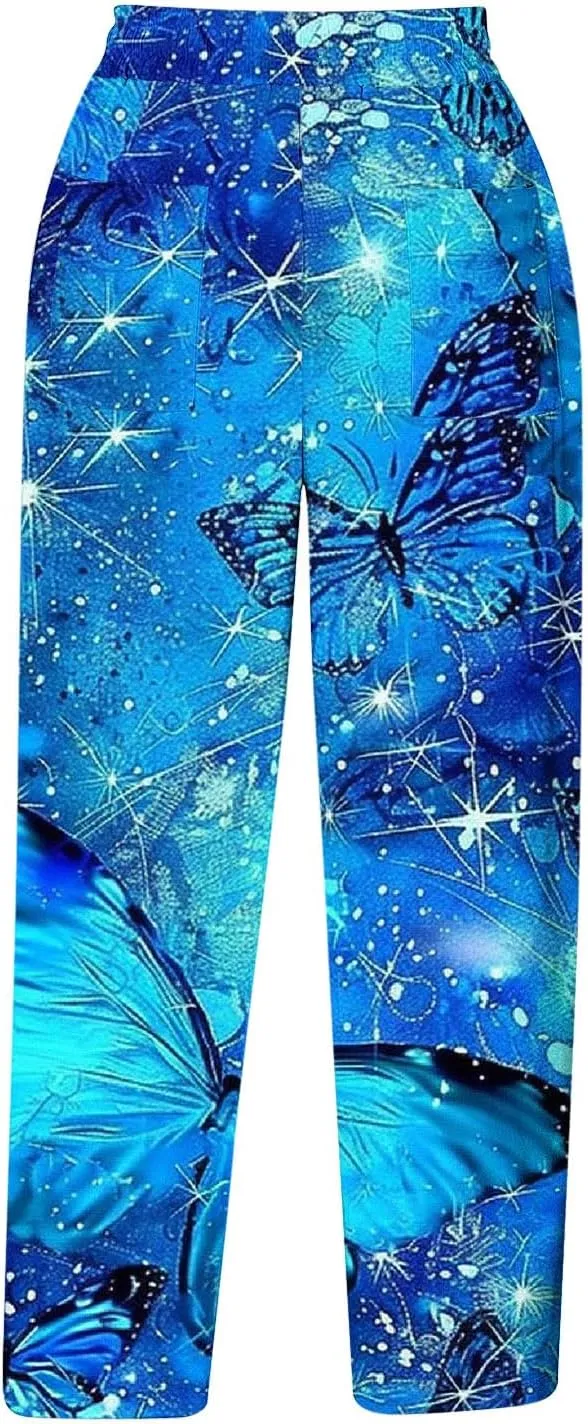 Womens Cropped Trousers Elastic High Waist Wide Leg Capri Pants Comfy Loose Fit Tie-dye Print Pants Fashion Trousers