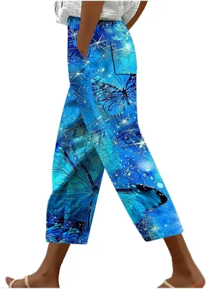 Womens Cropped Trousers Elastic High Waist Wide Leg Capri Pants Comfy Loose Fit Tie-dye Print Pants Fashion Trousers