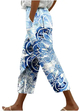 Womens Cropped Trousers Elastic High Waist Wide Leg Capri Pants Comfy Loose Fit Tie-dye Print Pants Fashion Trousers