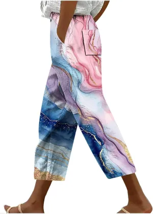 Womens Cropped Trousers Elastic High Waist Wide Leg Capri Pants Comfy Loose Fit Tie-dye Print Pants Fashion Trousers