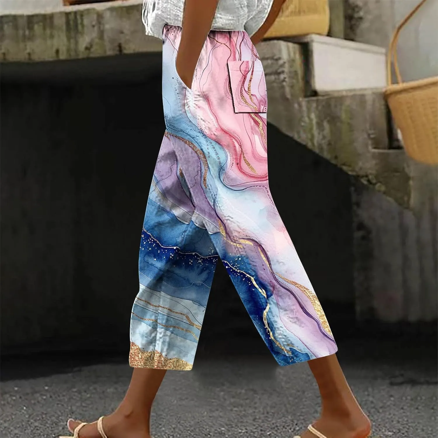 Womens Cropped Trousers Elastic High Waist Wide Leg Capri Pants Comfy Loose Fit Tie-dye Print Pants Fashion Trousers