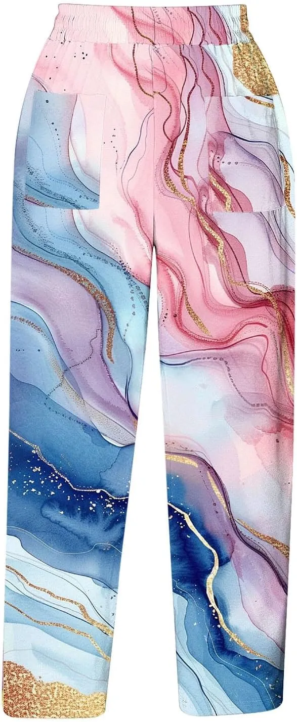 Womens Cropped Trousers Elastic High Waist Wide Leg Capri Pants Comfy Loose Fit Tie-dye Print Pants Fashion Trousers