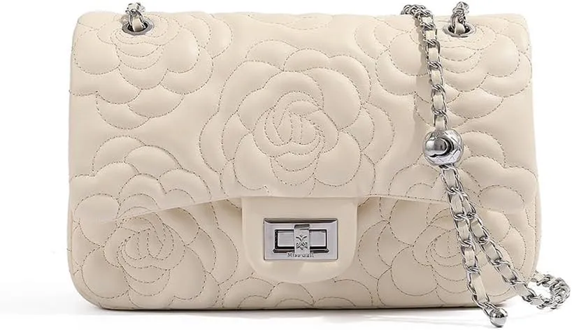 Womens Elegant Camellia Patterned Leather Tote Handbag, Vintage PU Floral Chain Shoulder Bag, Large Fashion Satchel Purse