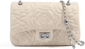 Womens Elegant Camellia Patterned Leather Tote Handbag, Vintage PU Floral Chain Shoulder Bag, Large Fashion Satchel Purse