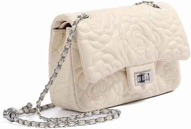 Womens Elegant Camellia Patterned Leather Tote Handbag, Vintage PU Floral Chain Shoulder Bag, Large Fashion Satchel Purse