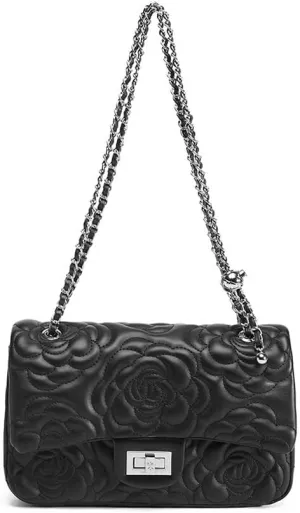 Womens Elegant Camellia Patterned Leather Tote Handbag, Vintage PU Floral Chain Shoulder Bag, Large Fashion Satchel Purse