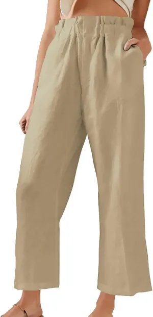 Women's Fashion Cotton Linen Paperbag Trousers Solid Color Loose Fit High Waisted Straight Wide Leg Pants with Pockets