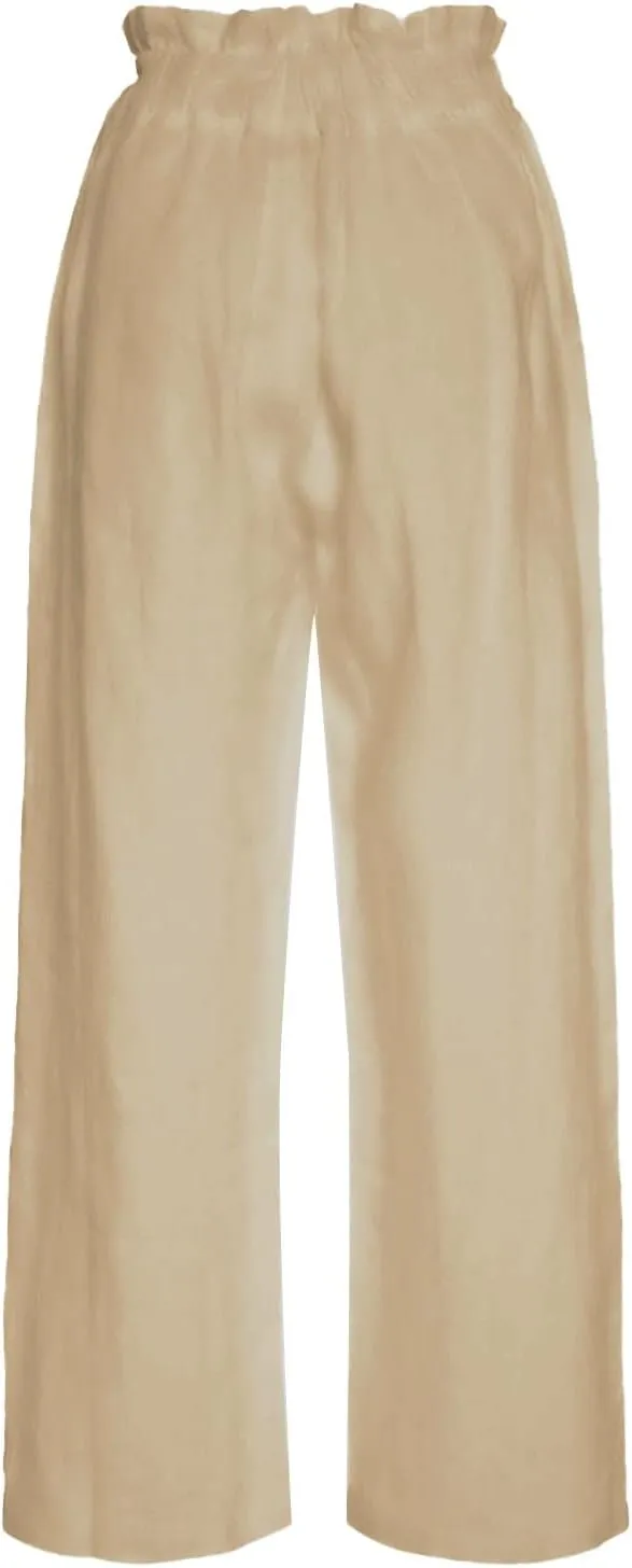 Women's Fashion Cotton Linen Paperbag Trousers Solid Color Loose Fit High Waisted Straight Wide Leg Pants with Pockets