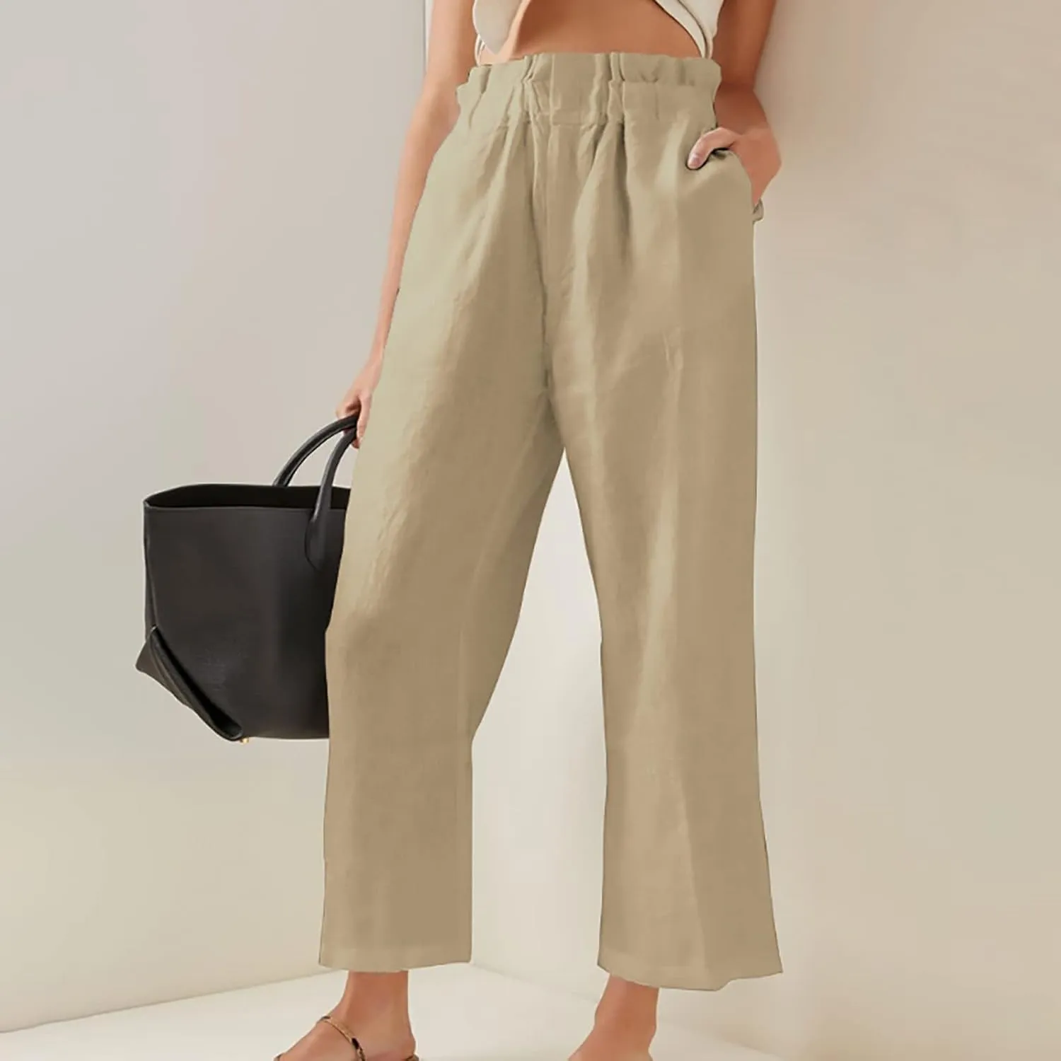 Women's Fashion Cotton Linen Paperbag Trousers Solid Color Loose Fit High Waisted Straight Wide Leg Pants with Pockets