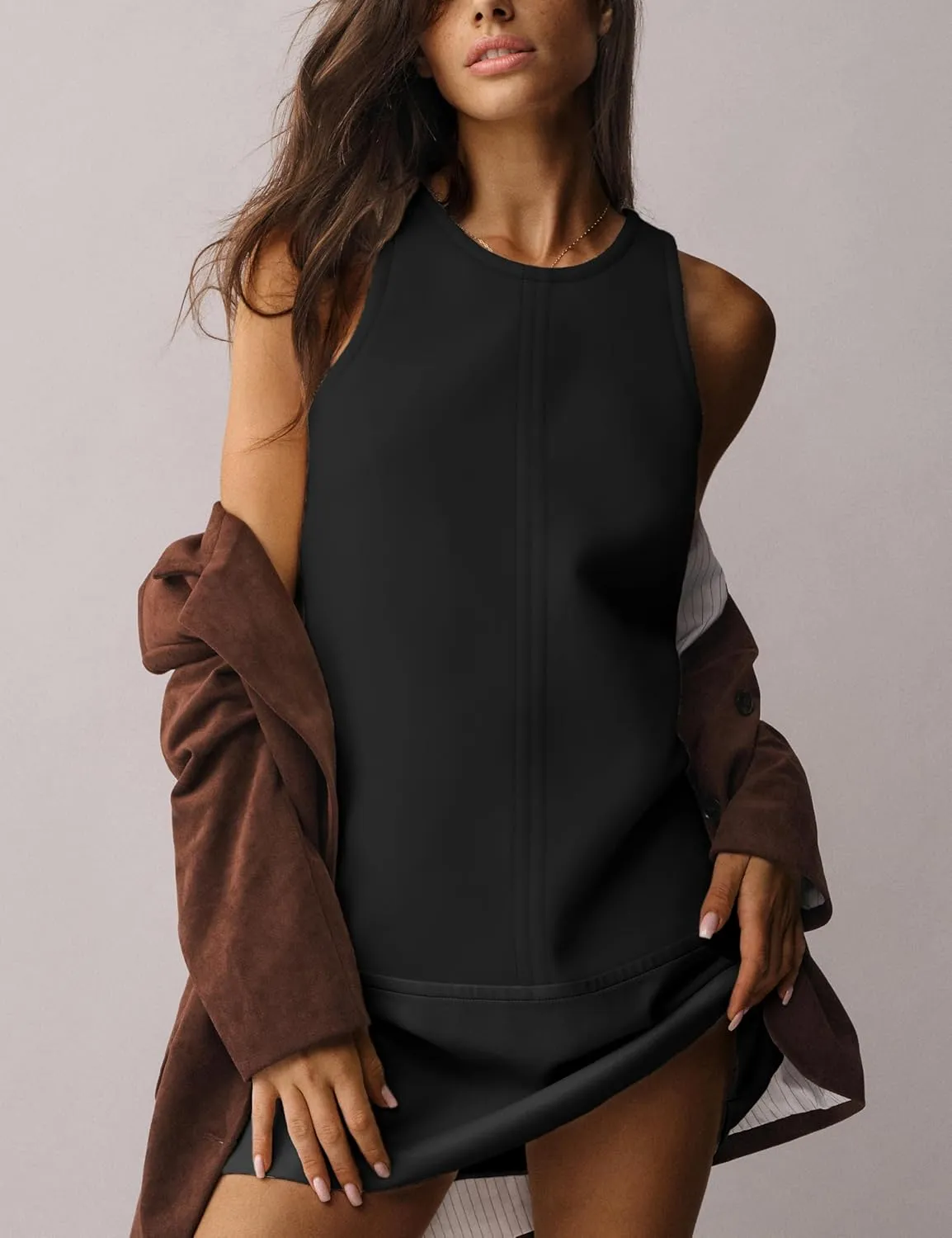 Womens Faux Leather Shift Mini Dress Sleeveless Short Dresses with Back Zipper