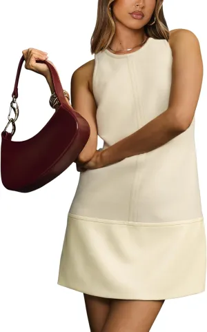 Womens Faux Leather Shift Mini Dress Sleeveless Short Dresses with Back Zipper